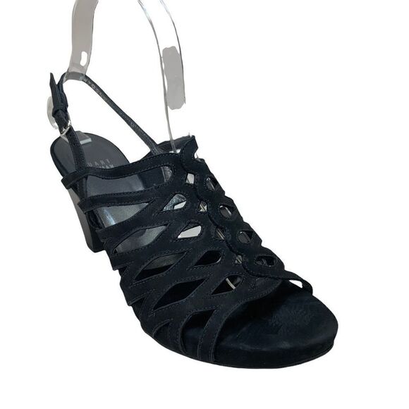 Stuart Weitzman Rollover Black Nubuck Sandals Suede Leather Strappy Heels 7 - Picture 2 of 10
